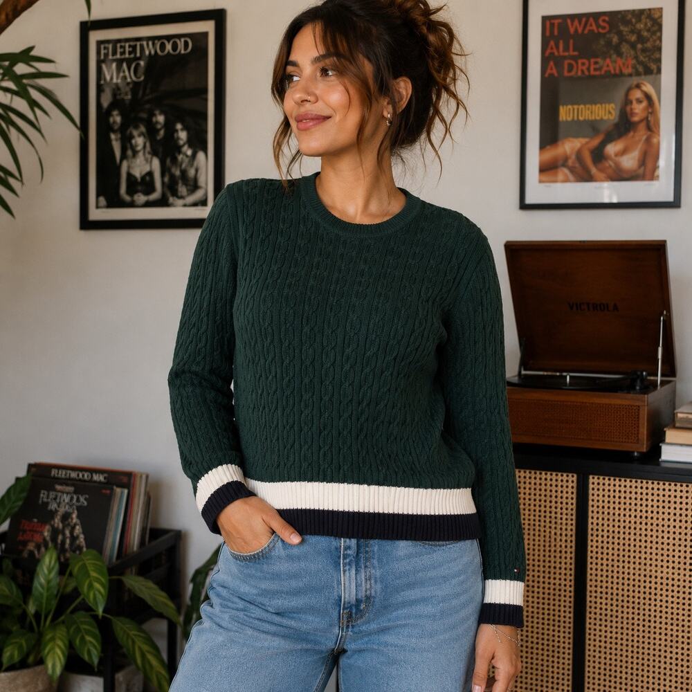 Tommy Hilfiger Medium Green Cable Knit Crewneck Sweater NWT 100% Cotton Preppy